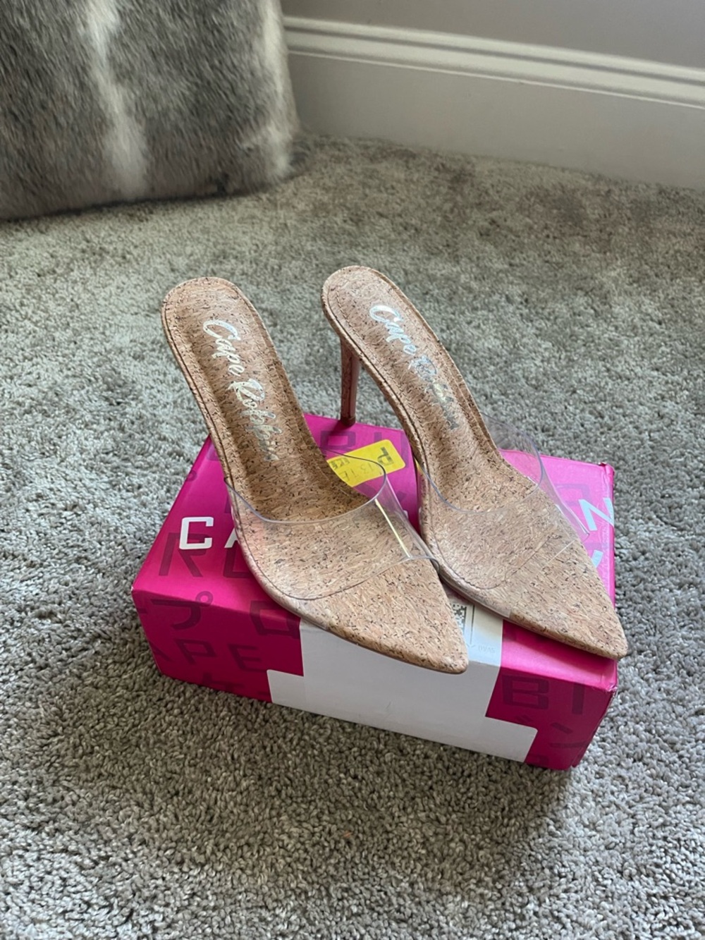 Cape Robbin Natural Cork Pointed Toe Mules with Clear Strap
